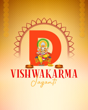 Vishwakarma Jayanti festive graphic with Lord Vishwakarma and the letter 'D'