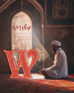 A man in traditional Islamic clothing praying in front of a large 'W' with a mosque in the background.