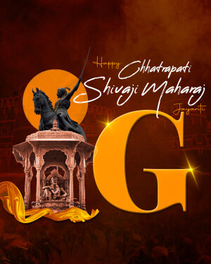 Image of Chhatrapati Shivaji Maharaj on horseback with a fort and a large letter 'G' in the background.