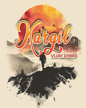 Kargil Vijay Diwas poster with a soldier silhouette and a rising sun