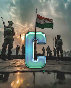 Indian flag waving with soldiers and a prominent 'C' letter.