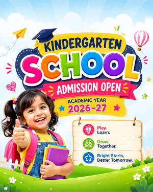 A smiling young girl with a backpack and book giving a thumbs up in front of a colorful Kindergarten school admission poster.
