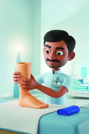 Cartoon illustration of a doctor or prosthetist fitting a prosthetic leg on a patient.