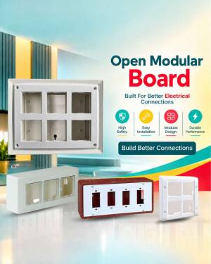 Various white and brown open modular electrical boards displayed against a light background