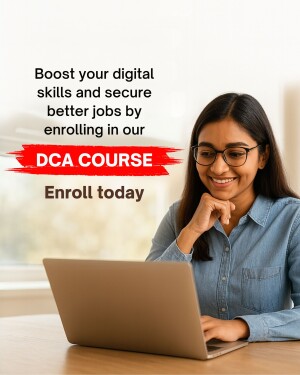 Woman working on laptop promoting DCA course