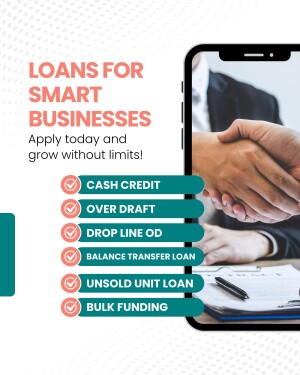 Mobile phone displaying an advertisement for business loans with a handshake image.