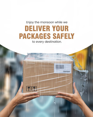 Hands holding a waterproofed package with rain in the background