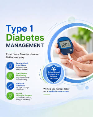 An infographic on Type 1 Diabetes management showing a blood glucose monitor, care pillars, and health tips.