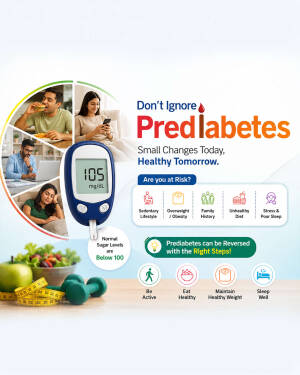 An infographic showing risk factors for prediabetes, a blood glucose meter reading 105 mg/dL, and healthy lifestyle tips for reversal.