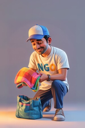 A digital illustration of a man crouching and holding colorful clothing and a bag.