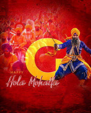 A vibrant digital artwork depicting a Sikh warrior with a large 'G' and festive elements for Hola Mohalla.