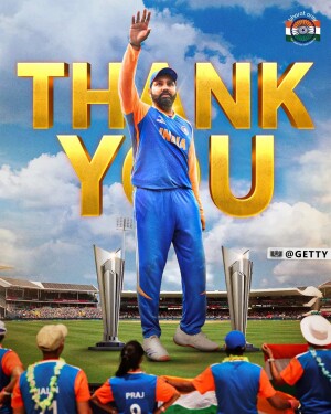 Virat Kohli waving with trophies and fans in the background
