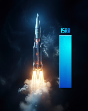 A powerful rocket launching into the sky with the ISRO logo.