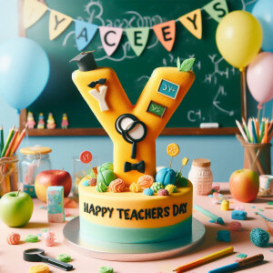 A creatively decorated cake shaped like the letter 'Y' with school supplies, celebrating Teacher's Day.