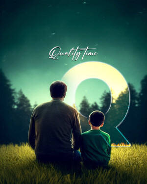 Father and son silhouetted against a moonlit landscape