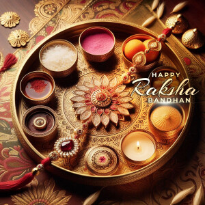 A beautifully decorated Raksha Bandhan thali with sweets, rakhi, and diya.
