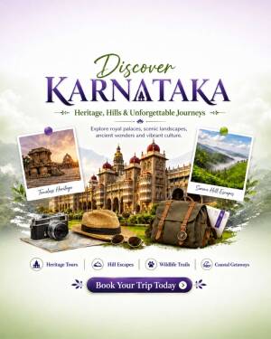 Tourism advertisement featuring Mysore Palace, a vintage camera, hat, and travel bag with Karnataka travel themes.