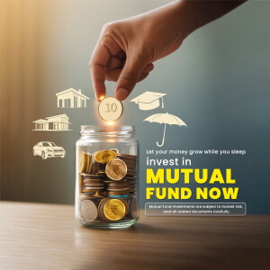 Hand dropping a coin into a jar filled with money, representing mutual fund investment.