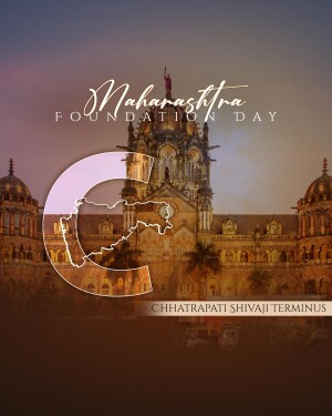 Maharashtra Foundation Day graphic featuring Chhatrapati Shivaji Terminus
