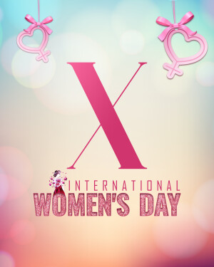 International Women's Day graphic with pink hearts and the letter X