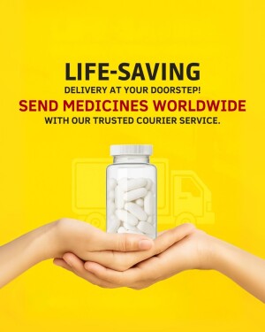 Hands holding a bottle of pills with delivery truck illustration, promoting medicine delivery service.