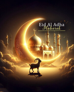 Eid Al Adha greeting with a golden crescent moon, mosque, and goat.
