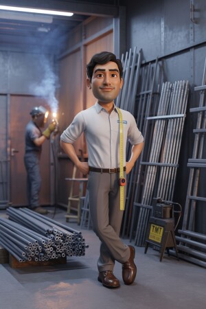 A cartoon illustration of a plumber standing in a workshop with pipes and tools.