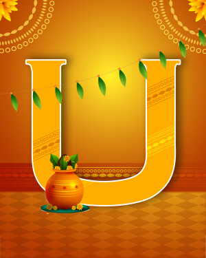 Ugadi festival greeting with letter U and traditional decorations