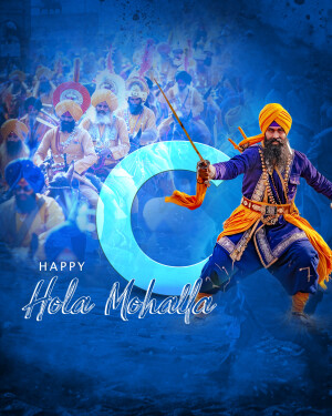 A digital artwork depicting a Sikh warrior with a large 'O' and the text 'Happy Hola Mohalla'.