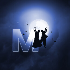 Silhouette of two dancers in front of a large letter M and a full moon