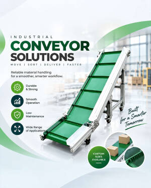A high-quality industrial conveyor belt system used for material handling, featuring a sleek, green design on a light, modern warehouse background.