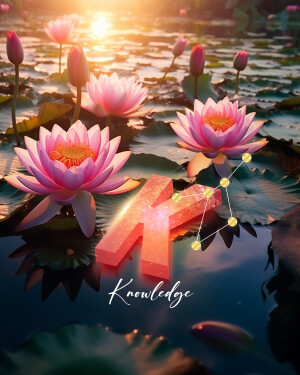 Pink lotus flowers floating on water with a glowing letter K