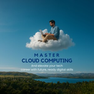 Man sitting on a cloud working on a laptop, promoting cloud computing education.