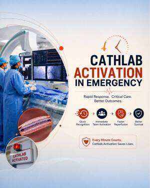Medical professionals in a cath lab with a diagram showing the emergency activation process for heart patients.