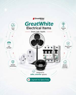 Various GreatWhite electrical appliances including a fan, light, and circuit breakers against a white background