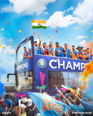 Indian cricket team celebrating on a victory parade bus with fans.