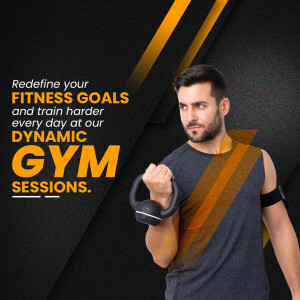 Man lifting dumbbell in a gym with motivational text