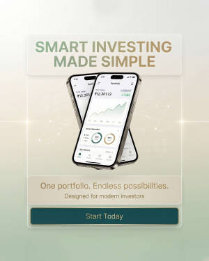 Mobile investment app showing portfolio performance and asset allocation with a Start Today call-to-action button.