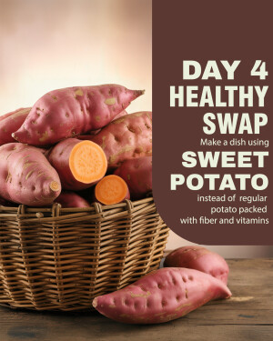 Close-up of sweet potatoes in a basket with a sliced sweet potato showing the orange flesh.
