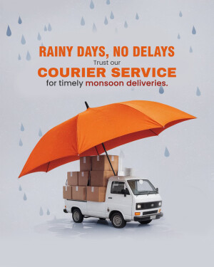 Orange umbrella protecting packages on a delivery truck during a rainy day