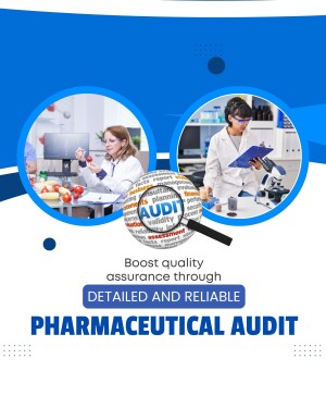 Image depicting a pharmaceutical audit process with a scientist working in a lab and audit-related keywords.