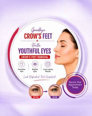 Side profile of a woman promoting crows feet removal treatment with before and after eye comparisons