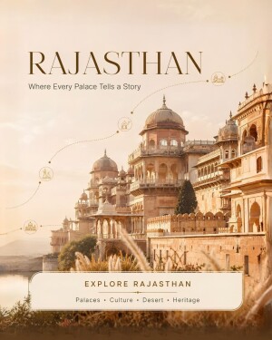 An elegant Rajasthan travel poster featuring a historic palace, desert aesthetics, and cultural icons.