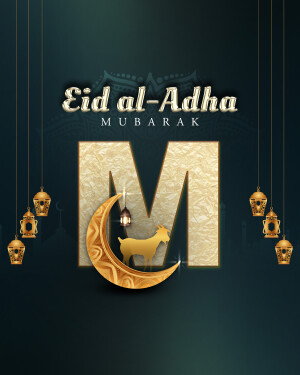 Eid al-Adha Mubarak with golden crescent moon and goat illustration