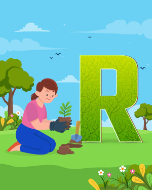 Illustration of a girl planting a seedling near a large letter 'R' made of leaves.