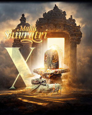 Image depicting a Shivling with a temple gateway and the text 'Maha Shivaratri'