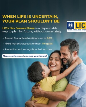 Family embracing with LIC logo and text about financial planning.