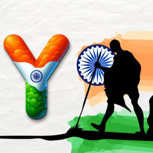 Letter Y designed with the Indian flag colors and imagery of Mahatma Gandhi sweeping.