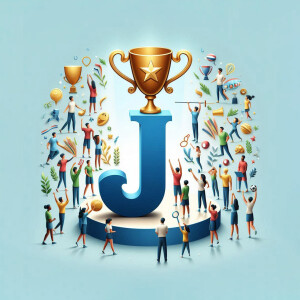 Illustration of a golden trophy with a star on top of a large letter J, surrounded by people and various sports equipment.