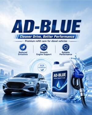 A promotional graphic for Ad-Blue diesel exhaust fluid featuring a car and a fuel nozzle